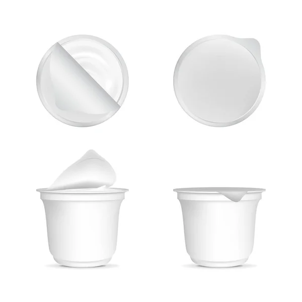 Gerçekçi Ayrıntılı 3d Beyaz Boş Yoğurt Konteynırı Şablon Model Seti. Vektör — Stok Vektör