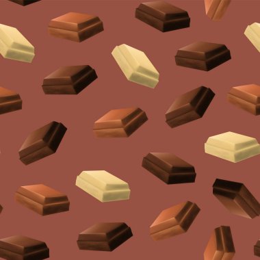 Gerçekçi 3d Detaylı Çikolata Parçaları Kusursuz Desen Arkaplanı. Vektör