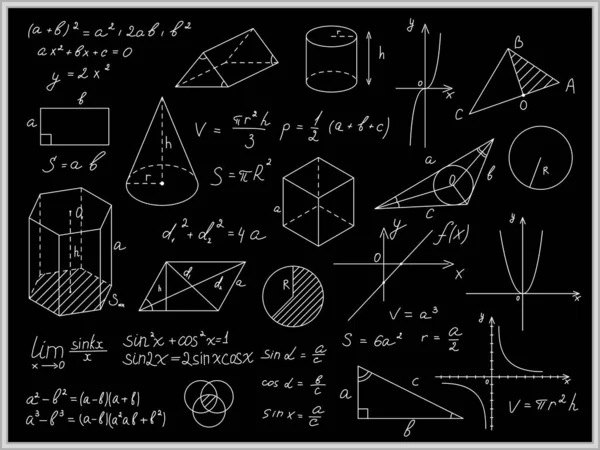 Blackboard Matematikai vékony vonal formák és feliratok. Vektor — Stock Vector