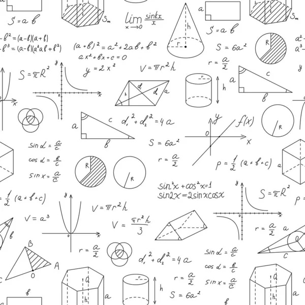 Pizarra matemática con formas de línea delgada sin costura Patrón de fondo. Vector — Archivo Imágenes Vectoriales