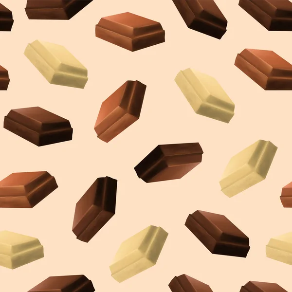 Realistico 3d Dettagliato pezzi di cioccolato senza soluzione di continuità Pattern sfondo. Vettore — Vettoriale Stock