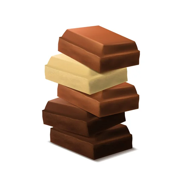 Piezas de chocolate detalladas realistas 3d Pila. Vector — Vector de stock