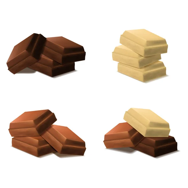 Realistische 3D Gedetailleerde Chocolade Stukken Groep Set. Vector — Stockvector