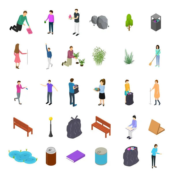 Люди сортируют мусор икона концепции мусора набор 3d изометрический вид. Вектор — стоковый вектор