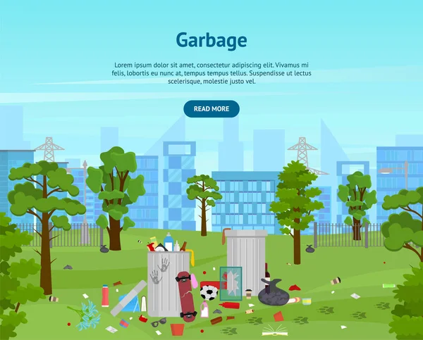 Cartoon Garbage in Park Card Poster Ad. Vektor — Stockvektor