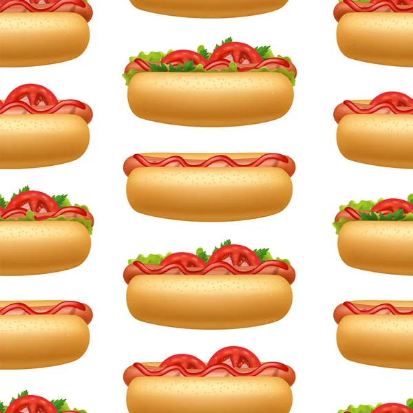 Realistische 3D Detaillierte Hot Dogs Verschiedene nahtlose Muster Hintergrund. Vektor — Stockvektor