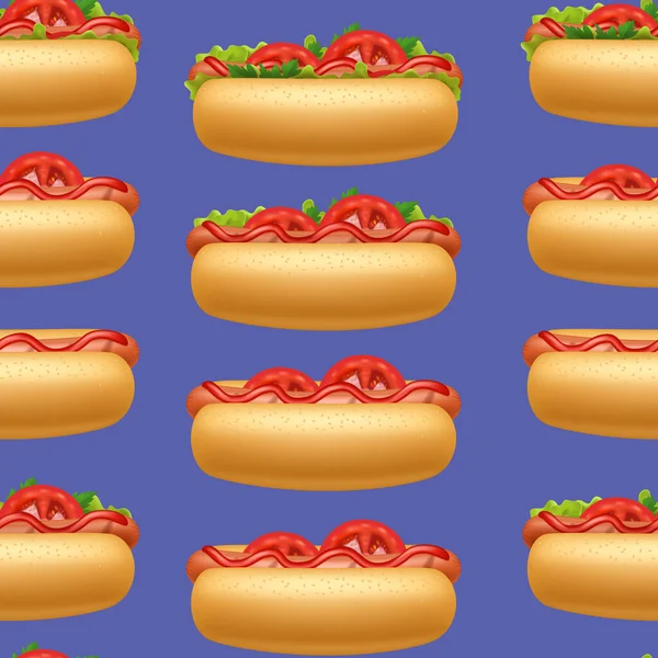 Realistische 3D Detaillierte Hot Dogs Verschiedene nahtlose Muster Hintergrund. Vektor — Stockvektor