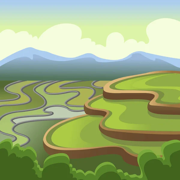 Escena de paisaje a color de dibujos animados Concepto de campos de arroz chino. Vector — Archivo Imágenes Vectoriales