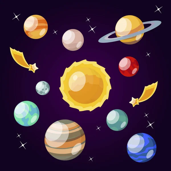 Dibujos animados Color Sistema Solar Elemento Icono Set. Vector — Vector de stock