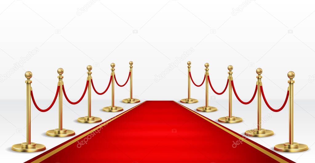 Realistic Detailed 3d Red Event Carpet and Barrier Rope. Vector
