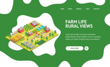 Çiftlik Taşrası Kavramsal İniş Web Sayfası 3d Isometric View. Vektör
