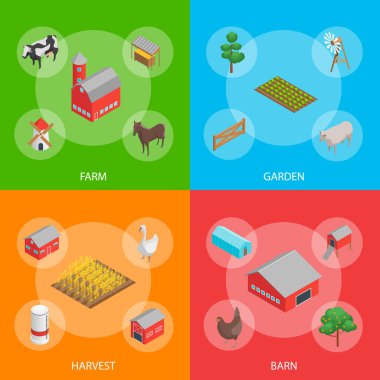 Çiftlik Kırsal Kavram Sancağı 3d Isometric View 'ı ayarla. Vektör