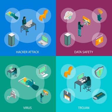 Hacker Attack Concept Banner 3d Isometric View 'ı ayarla. Vektör