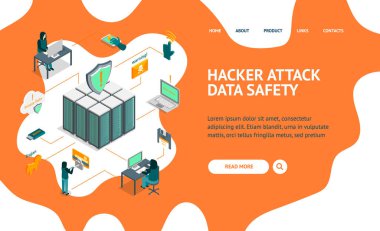 Hacker Attack Concept Landing Web Sayfası 3d Isometric View. Vektör