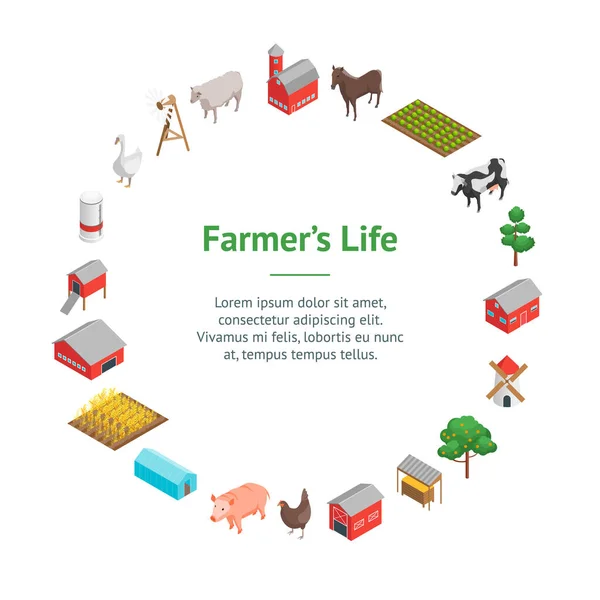 Farm Rural Concept Banner Card Circle 3d Vista isométrica. Vector — Vector de stock