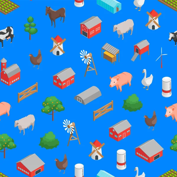 Farm Rural Concept Seamless Pattern Arrière-plan 3d vue isométrique. Vecteur — Image vectorielle