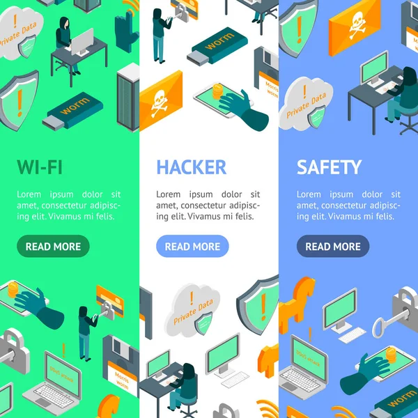 Hacker Attack Concept Banner Vekrtical Set 3d Isometric View. Vektor — Stockový vektor