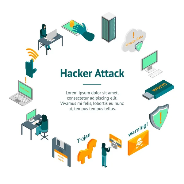 Hacker Attack Concept Banner Card Circle 3D Vista isométrica. Vector — Vector de stock