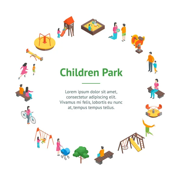 Anak-anak Park Concept Banner Card Circle 3d Isometric View. Vektor - Stok Vektor