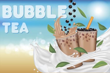 Gerçekçi Detaylı 3 boyutlu Köpüklü Çay Afişi. Vektör