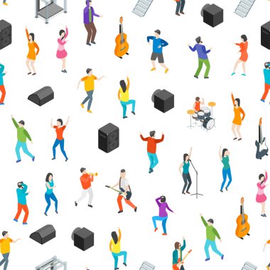 Müzik Festivali Kusursuz Desen Arkaplan 3D Isometric View 'ı İzleyin. Vektör