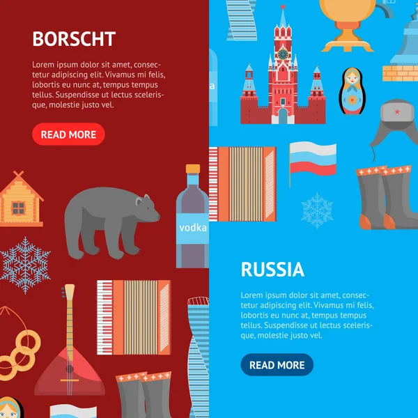 Cartoon Russian Traditional Items Banner Vecrtical Set (dalam bahasa Inggris). Vektor - Stok Vektor