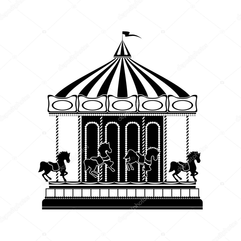 Cartoon Silhouette Black Merry Go Round Carousel. Vector