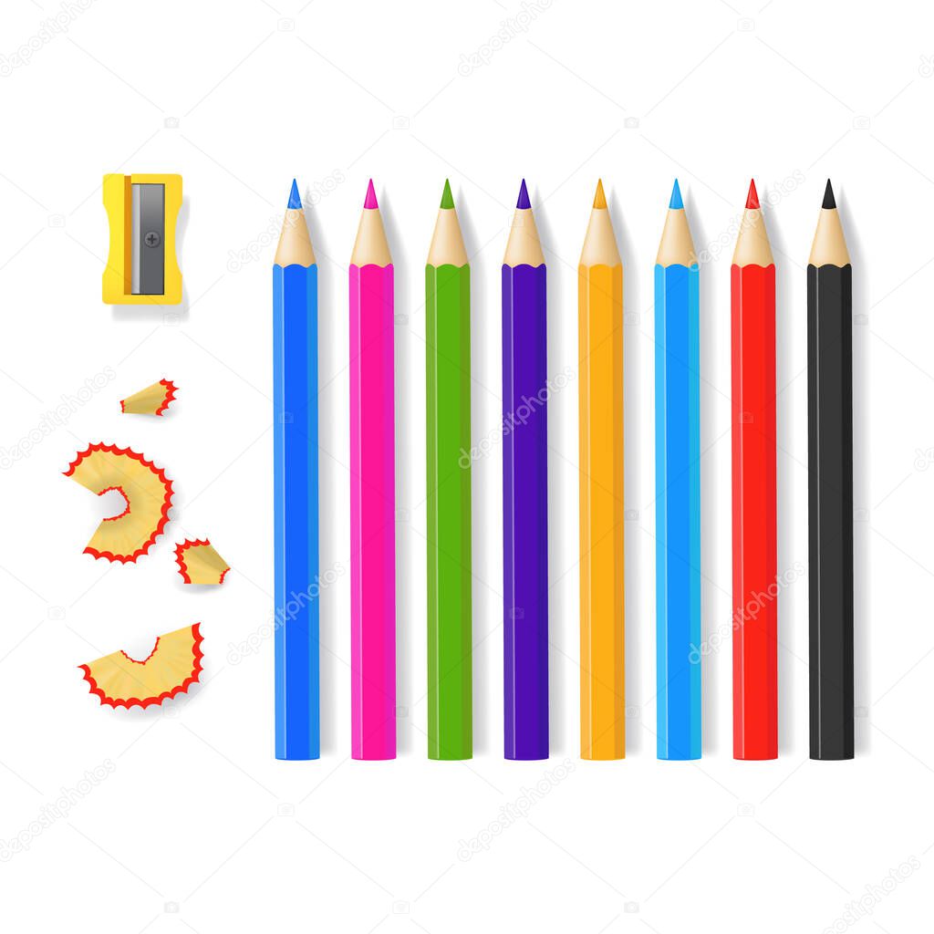 Realistic 3d Detailed Sharpener and Pencil Set. Vector