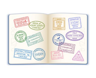 Pasaportunda 3 boyutlu gerçekçi pul var. Vektör