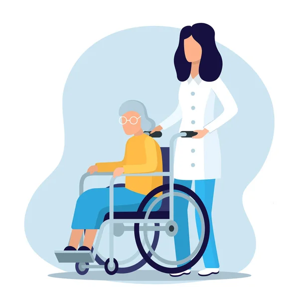 Personnages de couleur de bande dessinée Personne Infirmière et grand-mère assise dans un concept de fauteuil roulant. Vecteur — Image vectorielle
