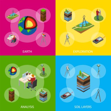 Dünya Keşfi Kavramsal Sancak 3D Isometric View 'ı ayarla. Vektör