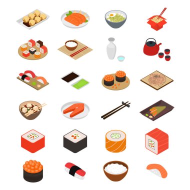 Japon Gıda Tasviri Simgeleri 3 boyutlu Isometric View. Vektör