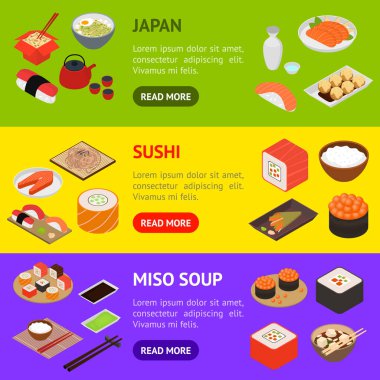 Japon Gıda Konsepti Afişi Yatay Set 3D Isometric View. Vektör