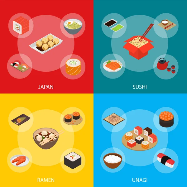 Japanse Food Concept Banner Set 3d Isometrische weergave. Vector — Stockvector