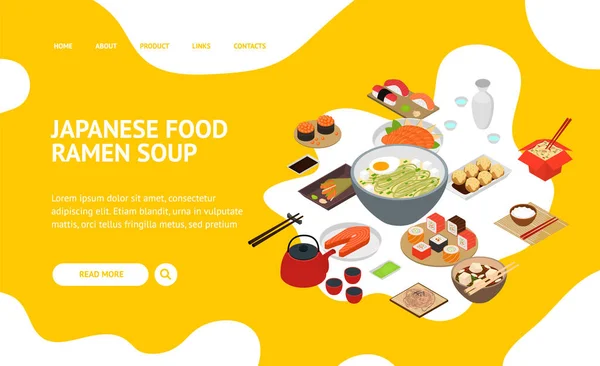 Japanische Food Concept Landing Web Page 3D Isometrische Ansicht. Vektor — Stockvektor