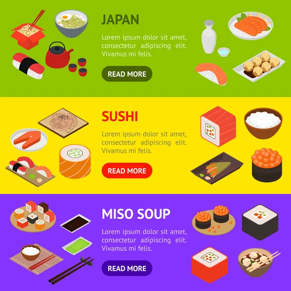 Japanische Food Concept Banner Horizontal Set 3D Isometrische Ansicht. Vektor — Stockvektor