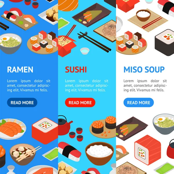 Japanische Food Concept Banner Vecrtical Set 3D Isometrische Ansicht. Vektor — Stockvektor