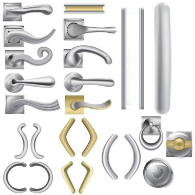 Gerçekçi Ayrıntılı 3d Parlak Metal Kapı Kolları Ayarlandı. Vektör
