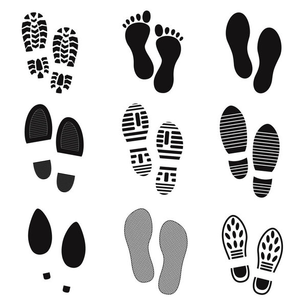 Cartoon Black Footprints Human Icon Set. Vector