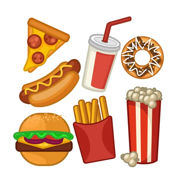 Juego de iconos de comida rápida a color de dibujos animados. Vector — Vector de stock