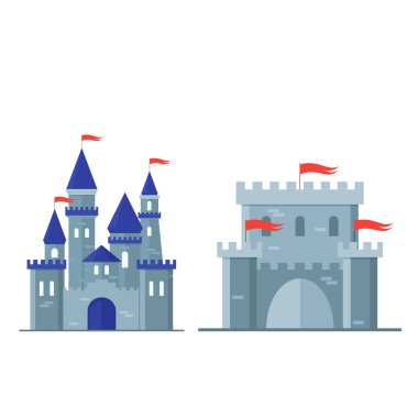 Çizgi film Renkli Ortaçağ Kale Binası Konsepti. Vektör