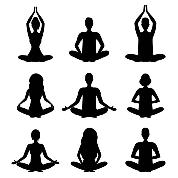 Dibujos animados silueta negro meditación gente signos icono conjunto. Vector — Archivo Imágenes Vectoriales