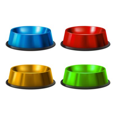 Gerçekçi Ayrıntılı 3d Renkli Evcil Hayvan Besleme Çanağı Seti. Vektör