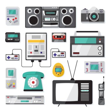 Çizgi film Rengi Doksanlar Hipster Gadgets Simgesi Seti. Vektör