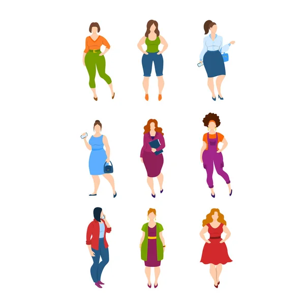 만화 컬러 캐릭터 (Cartoon Color Characters Person Plus Size Women Set). Vector — 스톡 벡터