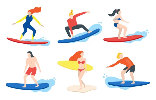 Cartoon Color Characters People Surfing Konzept. Vektor — Stockvektor