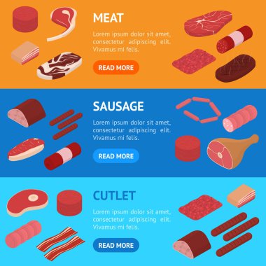 Meat Concept Banner Yatay Set 3D Isometric View. Vektör