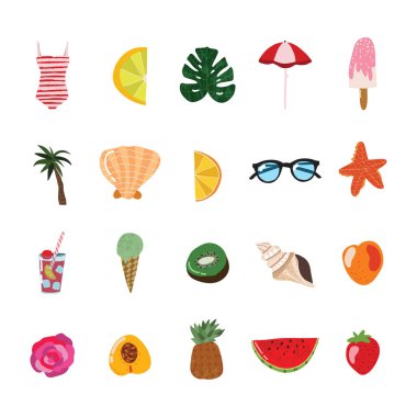 Çizgi film Summertime seyahat kavramı simge seti. Vektör