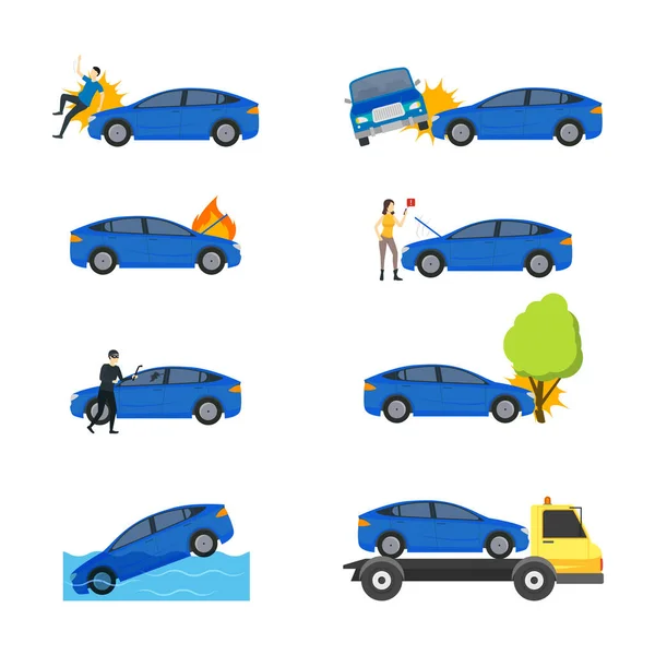 카툰 카 보험 (Cartoon Car Insurance Signs Icon Set). Vector — 스톡 벡터