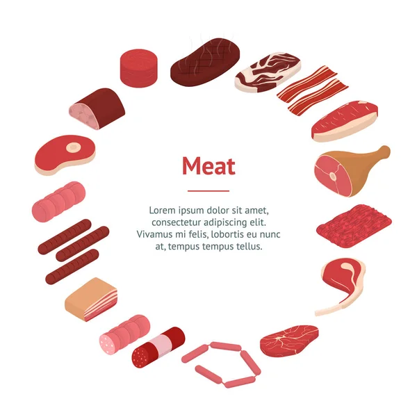 Meat Concept Banner Card Circle 3d Ισομετρική άποψη. Διάνυσμα — Διανυσματικό Αρχείο